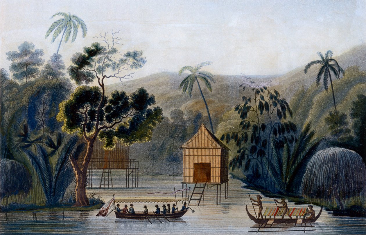 Szellemház gólyalábas Offak kikötőjében, Waigou szigetén, Louis Isodore Duperrey hadnagy, a világ körüli útjából a Corvette Coquille-n, 1826 alkotó: French School