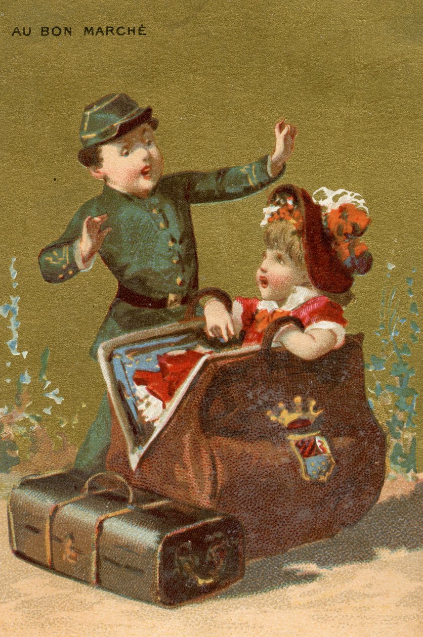 Meglepetés a poggyászban, gyermekeket ábrázoló illusztrációk sorozatából, a párizsi Bon Marché Áruház promóciós kártyáiként készült, 1890 körül alkotó: French School