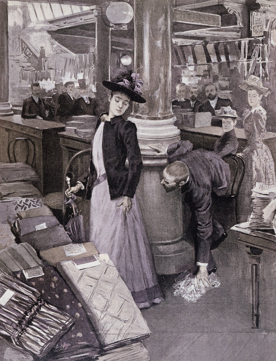 Tolvaj egy párizsi áruházban, illusztráció a Paradis des Damesből, 1895 körül alkotó: French School
