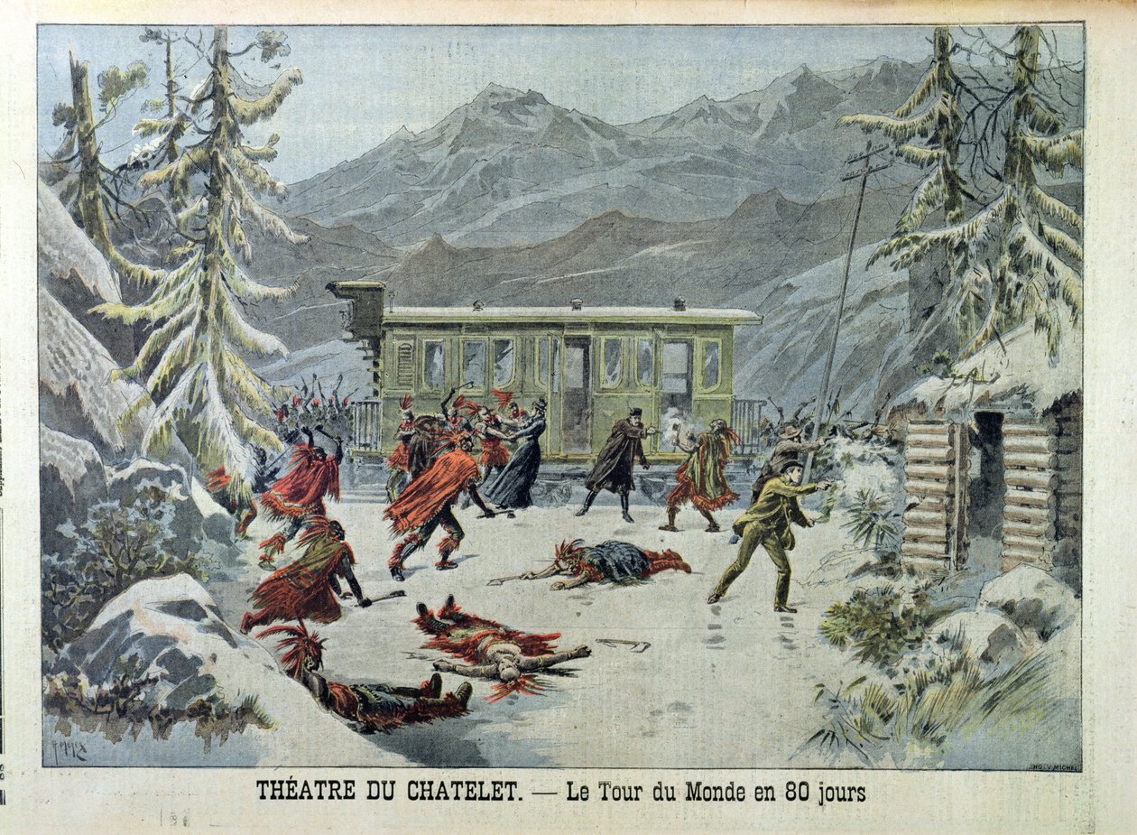 Az amerikai indiánok által megtámadt vonat a világ körül 80 nap alatt, Jules Verne (1828-1905) a Le Petit Journalból, 1898. május 13. alkotó: French School