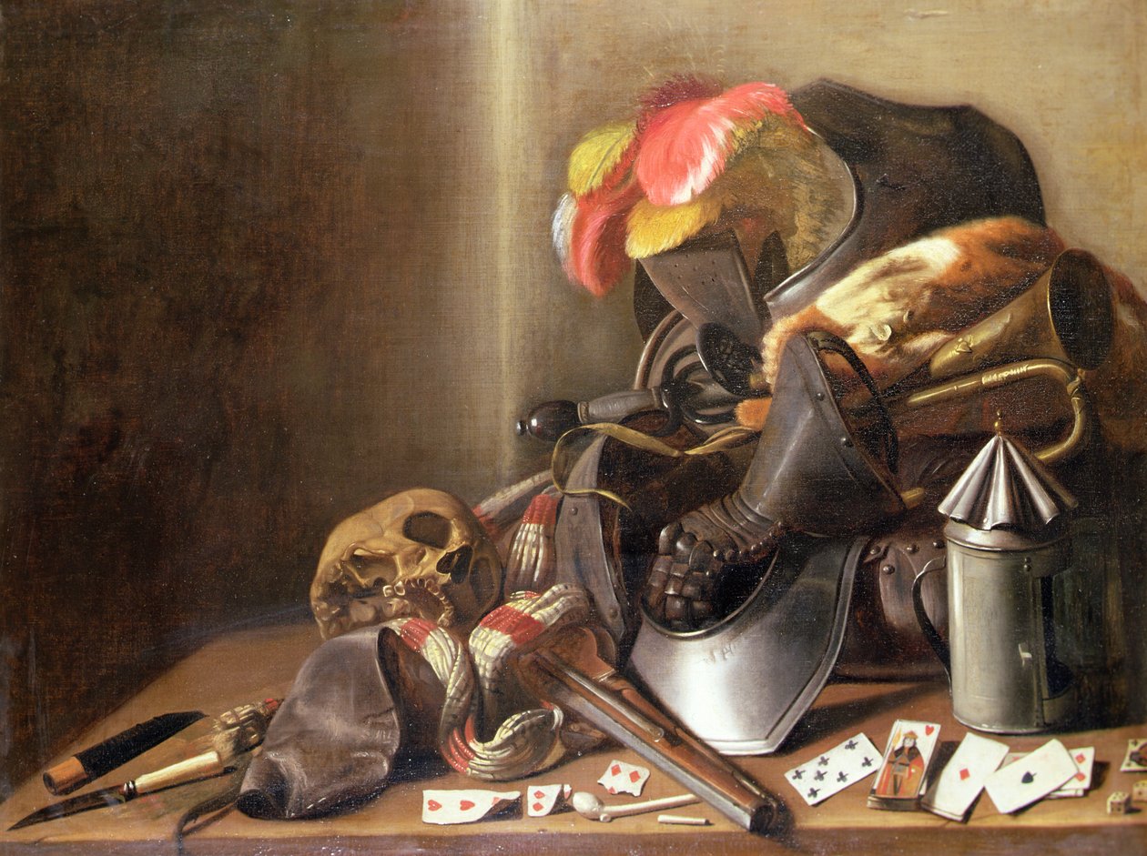 Vanitas-csendélet koponyával, játékkártyákkal és páncéllal, 1650 körül (olaj, vászon) alkotó: French School