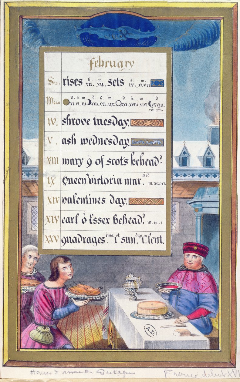 Viktoriánus naptárlap februárra Anne de Bretagne (1488-1514) óráinak könyvéből készült illusztrációval alkotó: French School