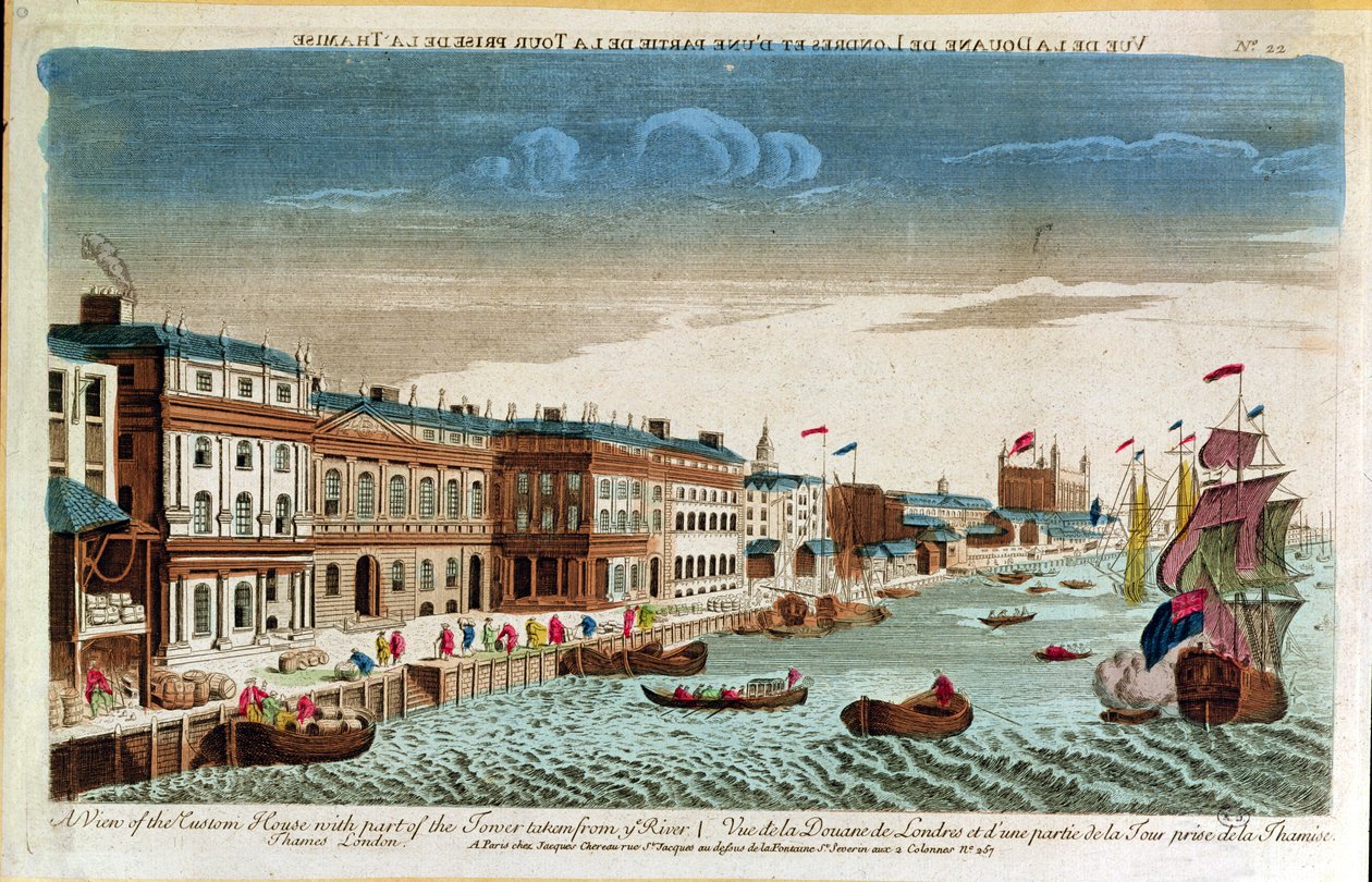 Kilátás a vámházról a torony egy részével, a Temze folyó felől, London, 18. század közepe (színes metszet) alkotó: French School