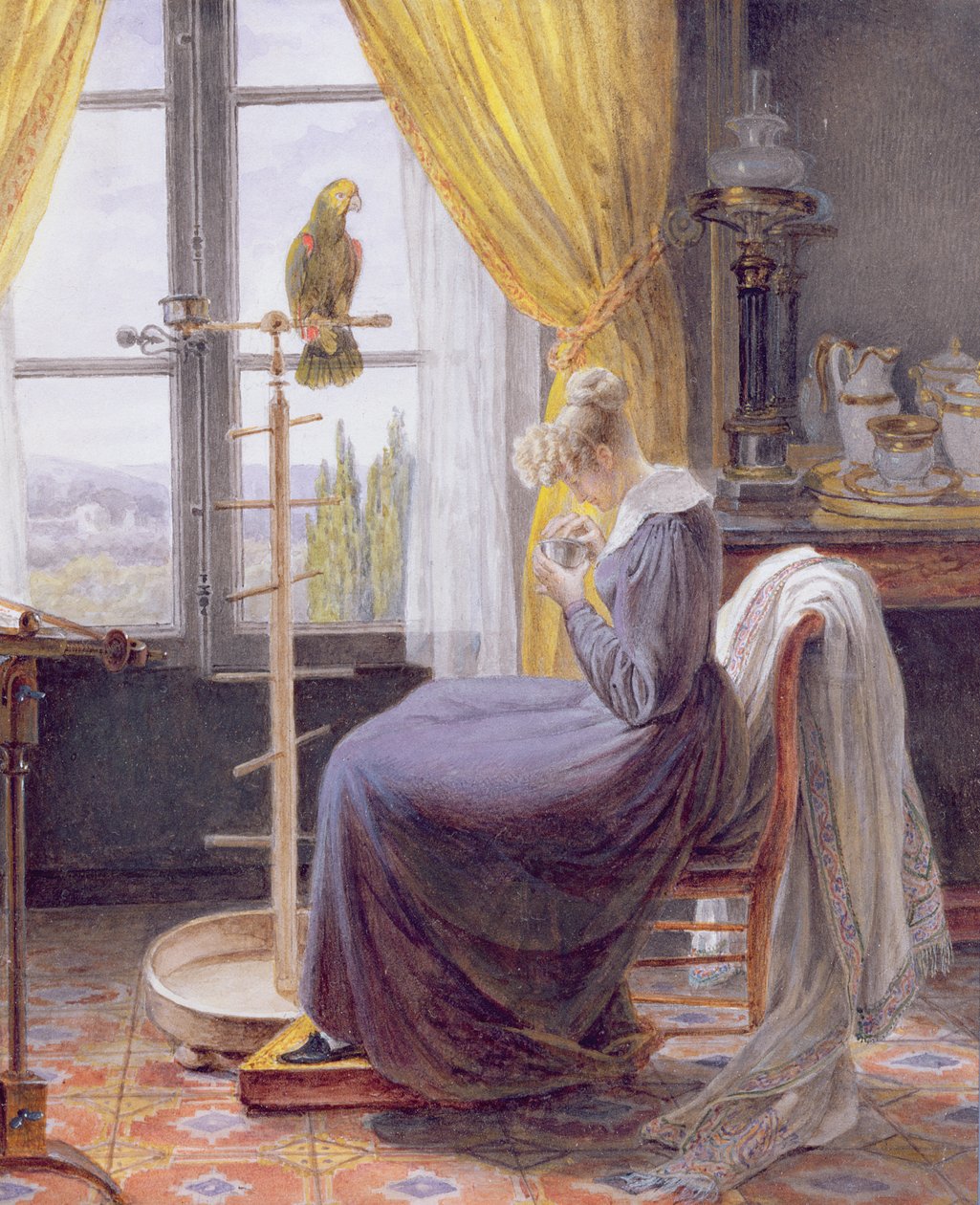 Egy nő, aki papagájt etet egy belső térben, 1820 körül (wc gouache papíron) alkotó: French School