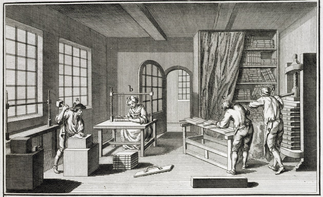 Bukmékerek műhelye Denis Diderot (1713-84) Encyclopedie des Sciences et Metiers-ből, 1770 körül. alkotó: French School
