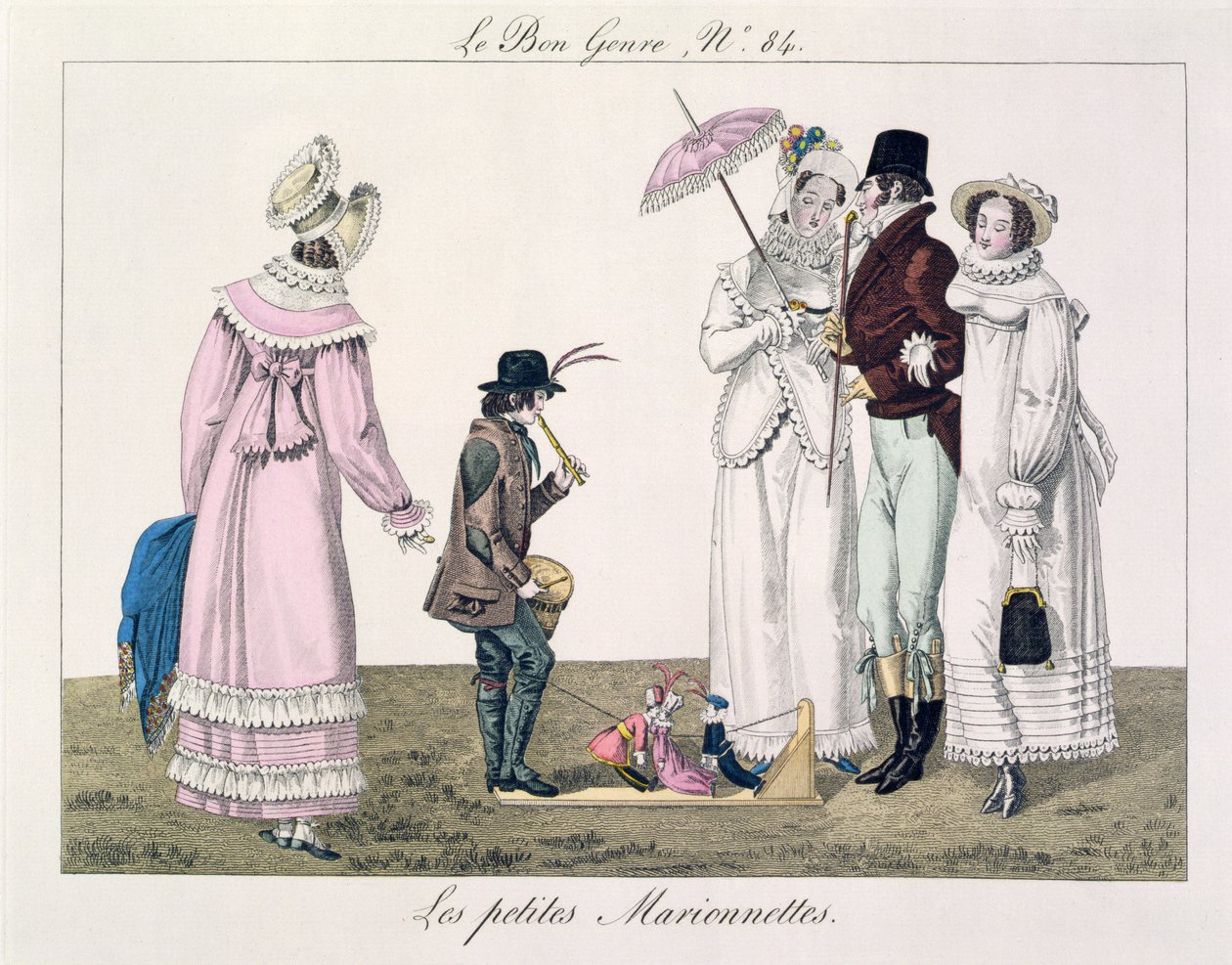 Egy fiú táncoló bábokkal szórakoztat, le Bon Genre 84-es tányérja, 1810 körül (színes metszet) alkotó: French School