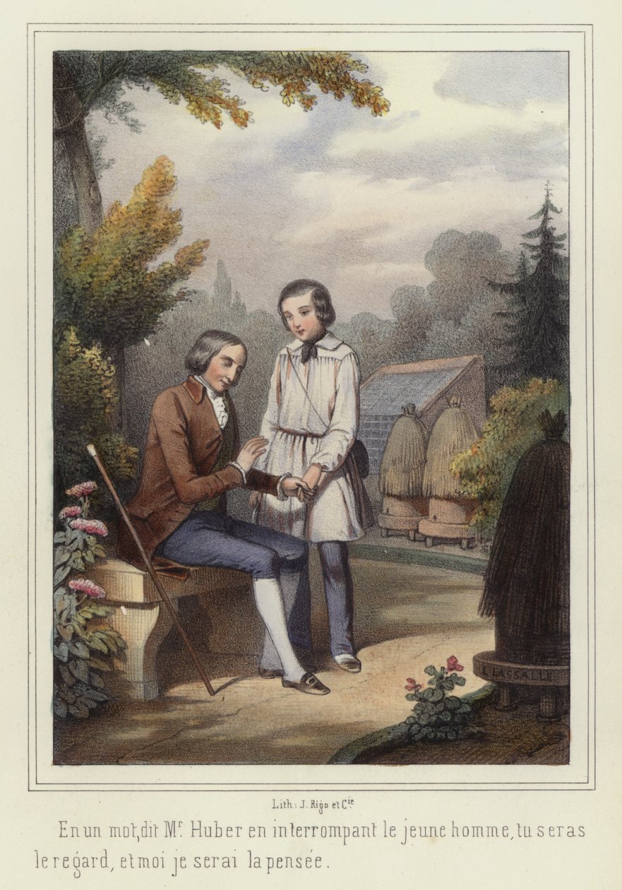 Egy fiú segít egy vak embernek (színes litográfia) alkotó: French School