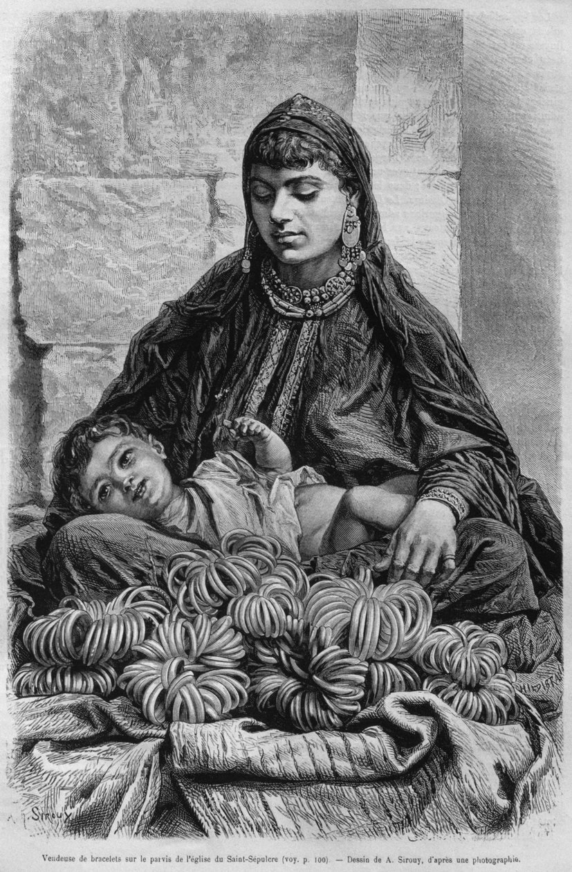 Egy karkötő eladó a Szent Sír-templom közelében, Szíriából ma. Utazások Föníciában, Libanonban és Júdeában. Louis Charles Emile Lortet 1875-1880, 1884 (bw metszet) alkotó: French School