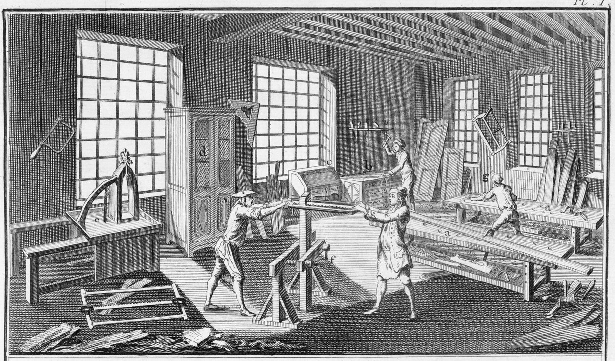 Egy szekrénykészítő műhely, Denis Diderot (1713-84) Encyclopedie des Sciences et Metiers-ből, 1770 körül. alkotó: French School