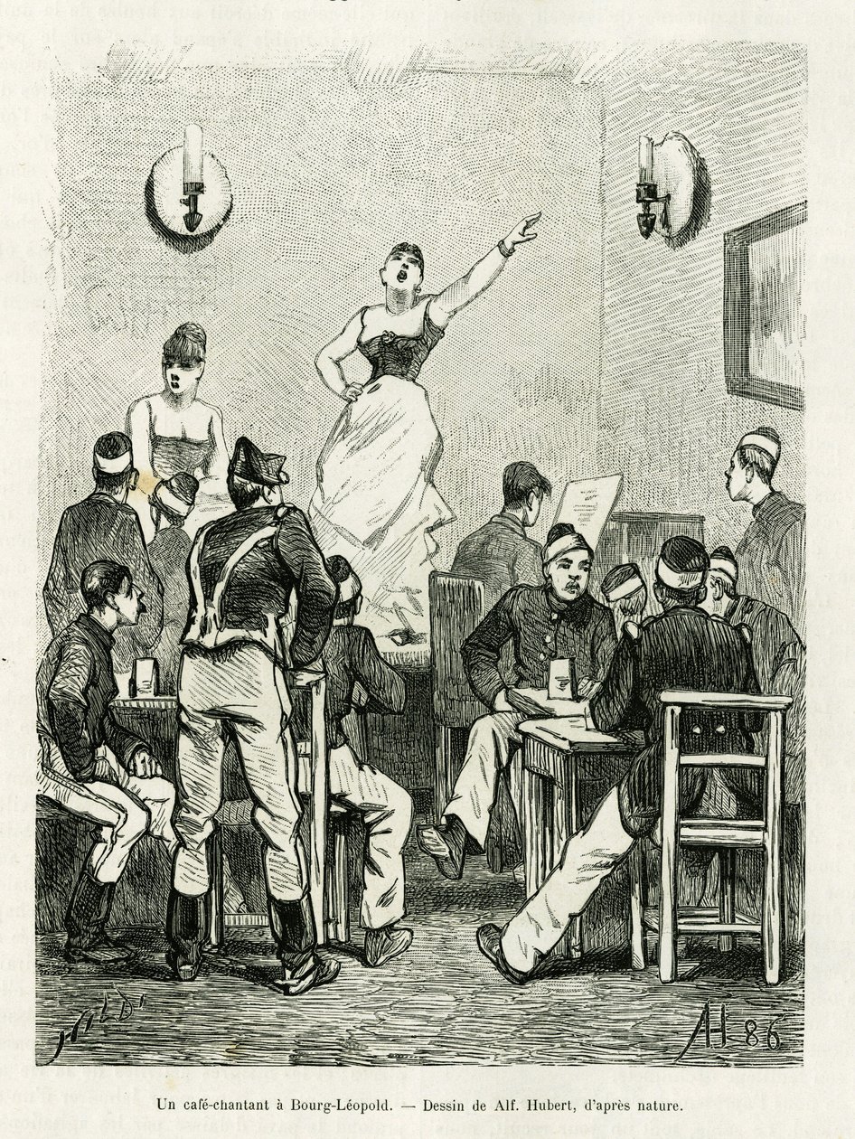 Egy kávézó énekel Bourg Leopoldban. A.Hubert metszete a La Belgique című történet illusztrálására, Camille Lemonnier, in le tour du monde 1886, rendező: Edouard Charton (1807-1890), Hachette, Párizs. alkotó: French School