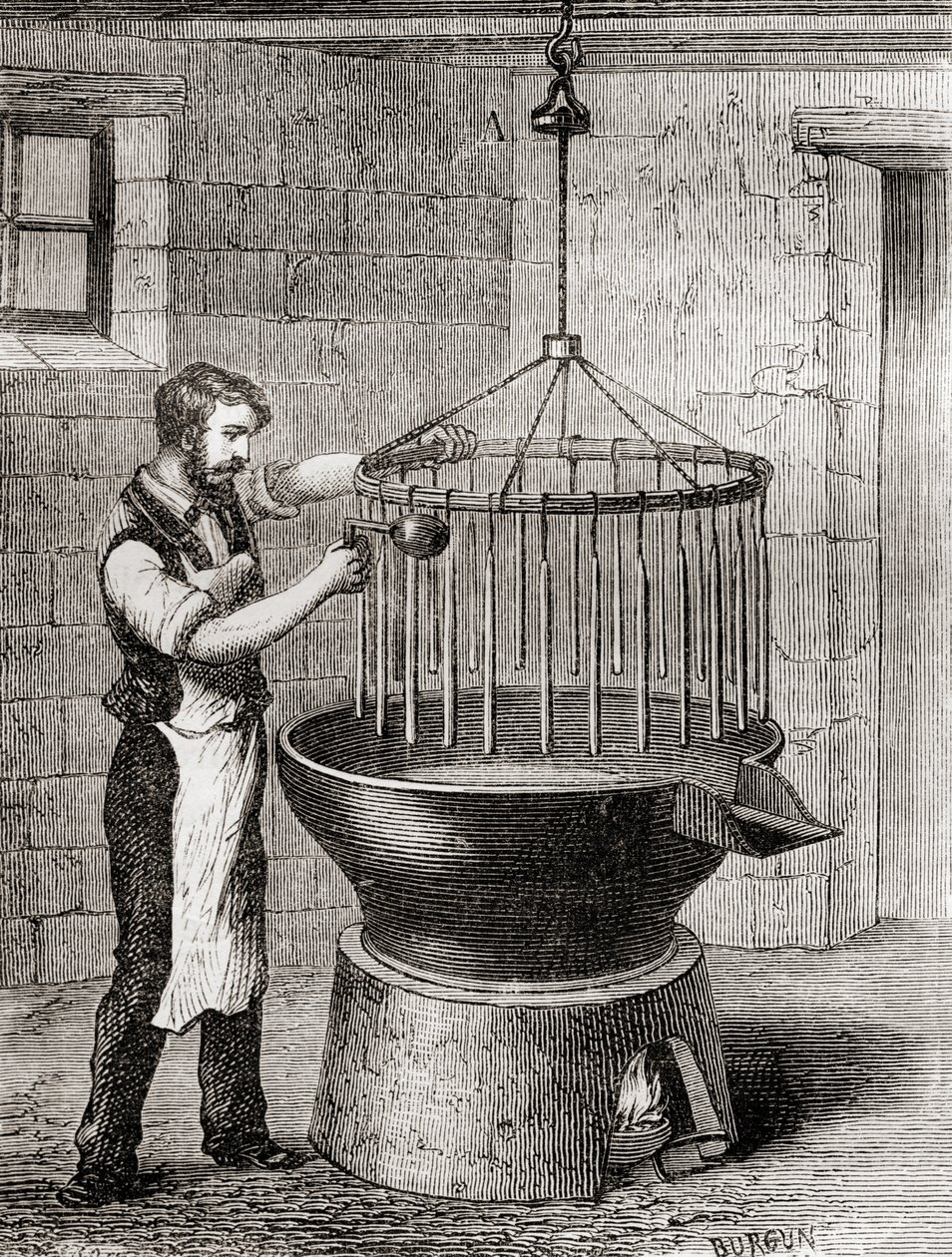 Egy gyertyakészítő kereskedő a 19. században, a "Les Merveilles de la Science" című, 1870 körül kiadott könyvből (metszet). alkotó: French School