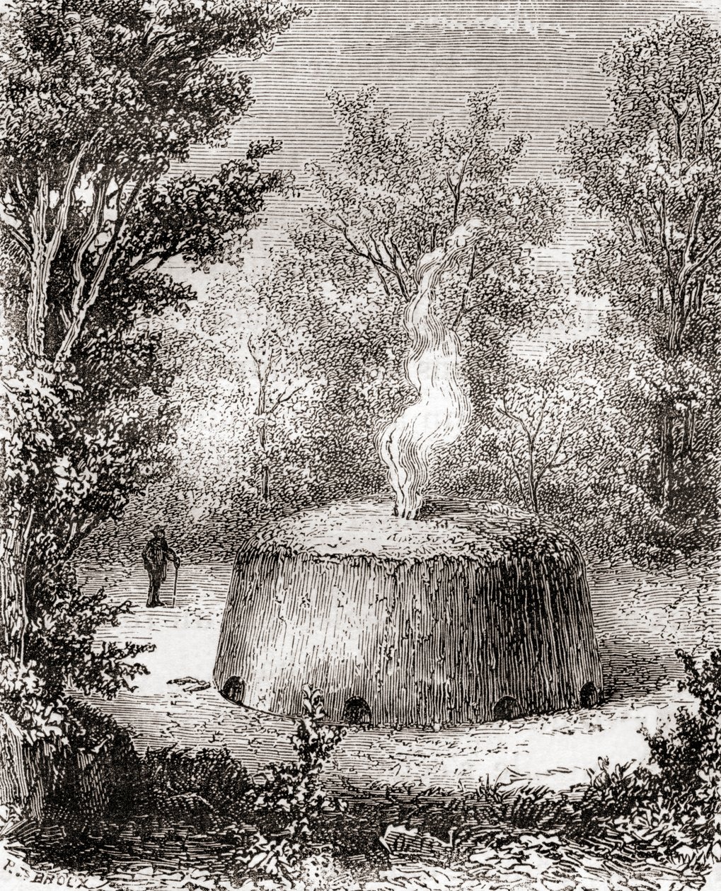 Egy faszén kemence az erdőben, egy 19. századi rajz után, a Les Merveilles de la Science-ből, 1870 körül megjelent (metszet) alkotó: French School