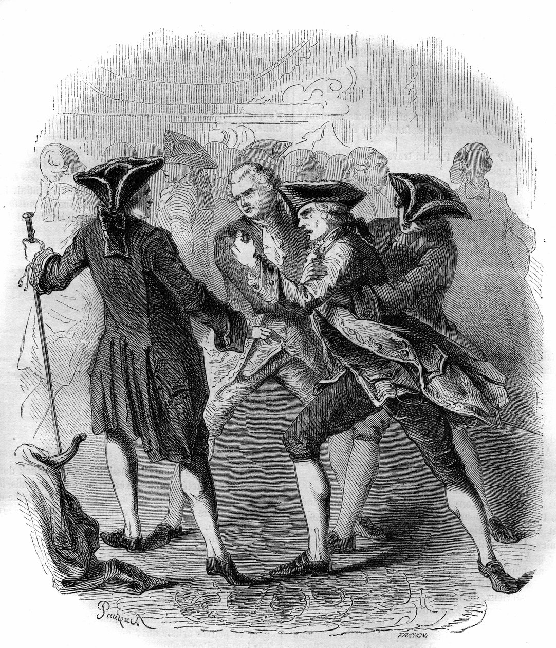 A „Gluckisták” és a „Piccinisták”” összecsapása, amely Christoph Willibald Gluck és Niccolo Vito Piccinni zeneszerzők versengését illusztrálja. Metszet 1856-ból. alkotó: French School