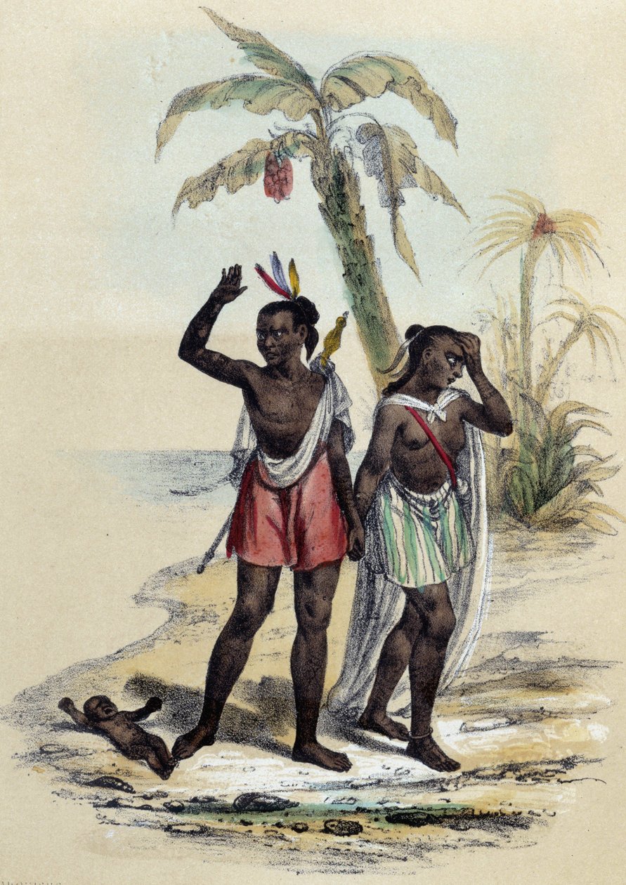 Egy pár és egy baba a tengerparton; illusztráció a Marquises számára, M. E Fouinet „Les twelve Nations” című könyvében alkotó: French School