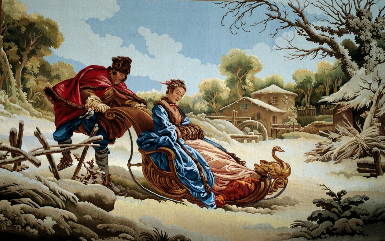 Egy pár egy szánon Oroszországban Aubusson manufaktúrák gobelinje. 18. század. Aubusson, Gobelin Múzeum alkotó: French School