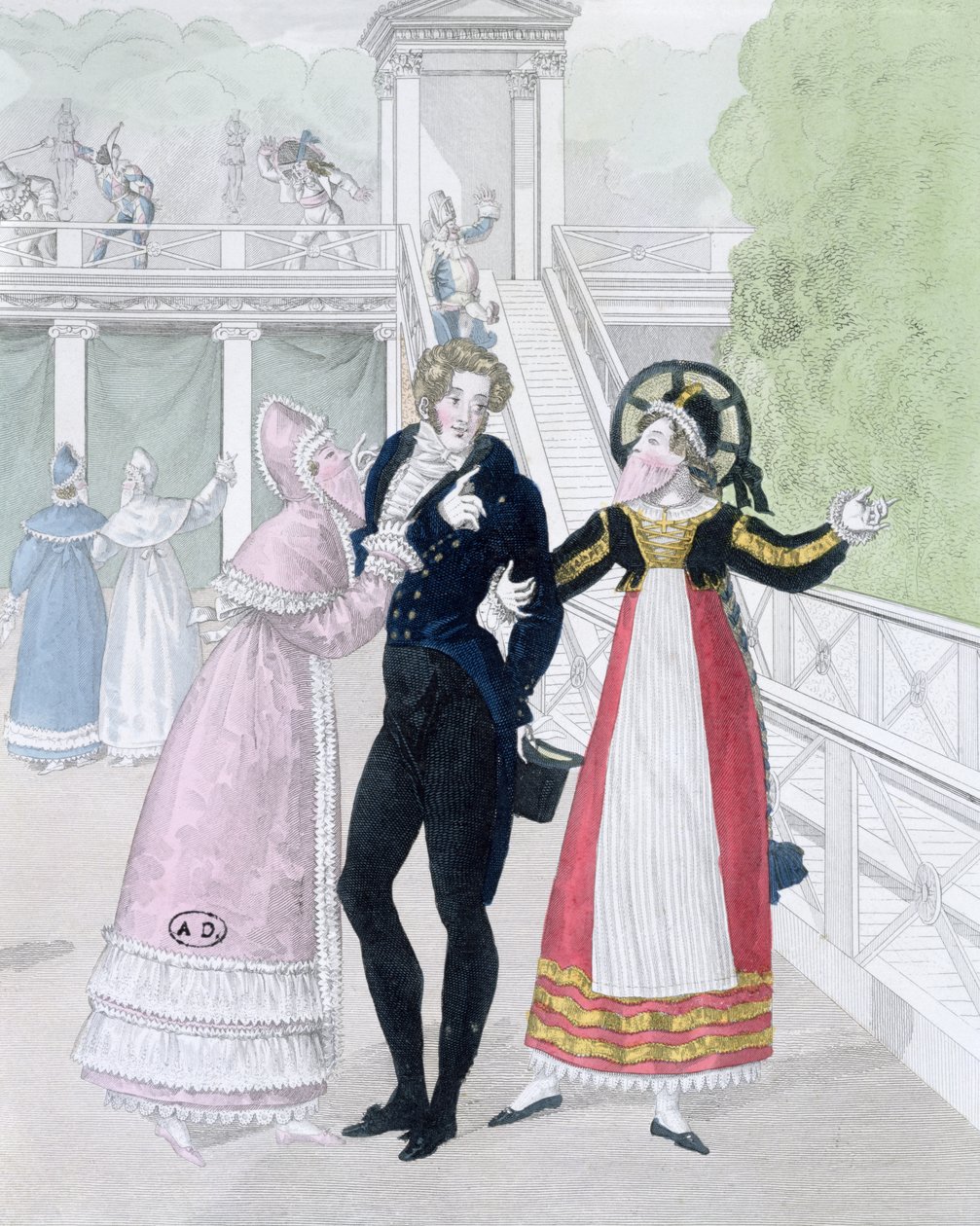 Egy dandy, akinek két álarcos nő udvarol, a Le Bon Genre sorozatból (kézzel színezett metszet) alkotó: French School