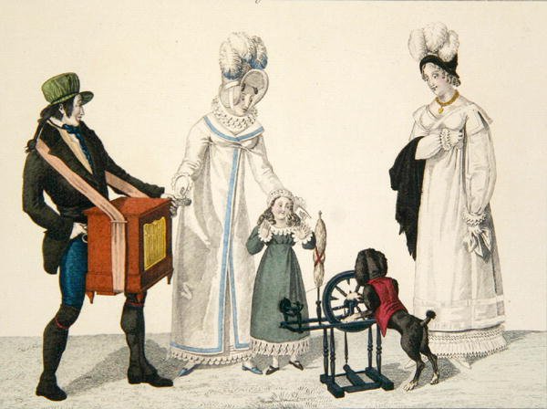Egy pörgővel játszó kutya zenedoboz kíséretében, 85. lemez a „le Bon Genre”-ből, 1810 körül (színes metszet) alkotó: French School