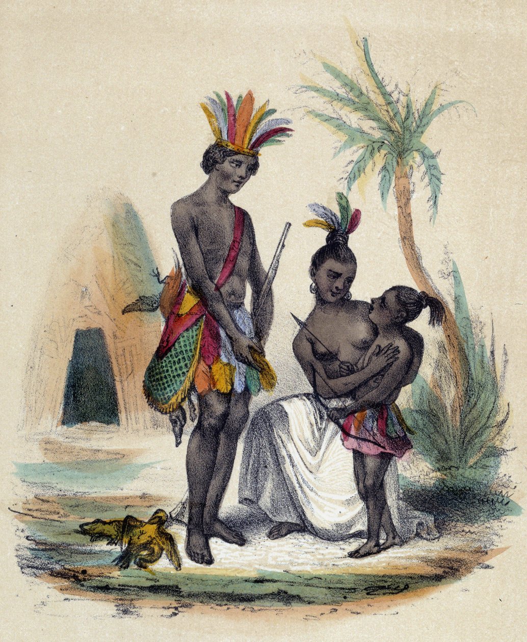 Kanadai indiánok családja pólóik előtt; illusztráció Kanadához, M. E. Fouinet „The twelve Nations” című könyvében alkotó: French School