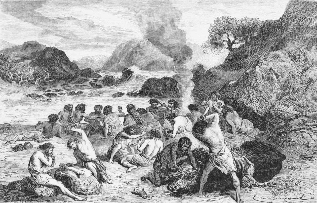 Ünnep a kőkorszakban, illusztráció az LHomme Primitif című művéből, Louis Figuiertől, kiadó: Hachette, 1870 alkotó: French School