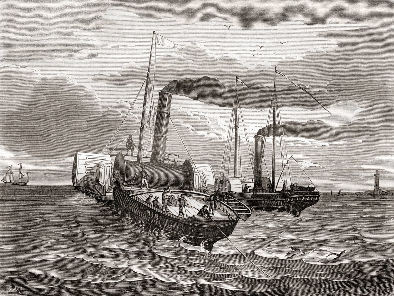 A John Watkins Brett Angol-Francia Távíró Társaság 1850-es első kísérlete a La Manche-csatorna alatti, Dover és Calais közötti első vezeték lefektetésére a Goliath és a Widgeon átépített vontatóhajókkal, a Les Merveilles de la Science című, 1870 körül megj alkotó: French School