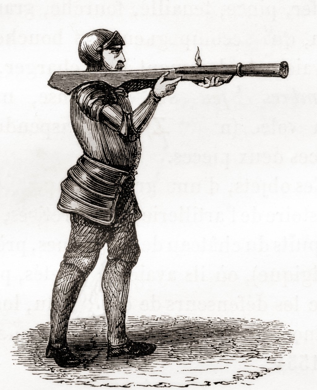 Egy gyalogos katona kézi bombázóval, 14. és 15. század végén, egy 19. századi rajz után, a Les Merveilles de la Science-ből, 1870 körül (metszet) alkotó: French School