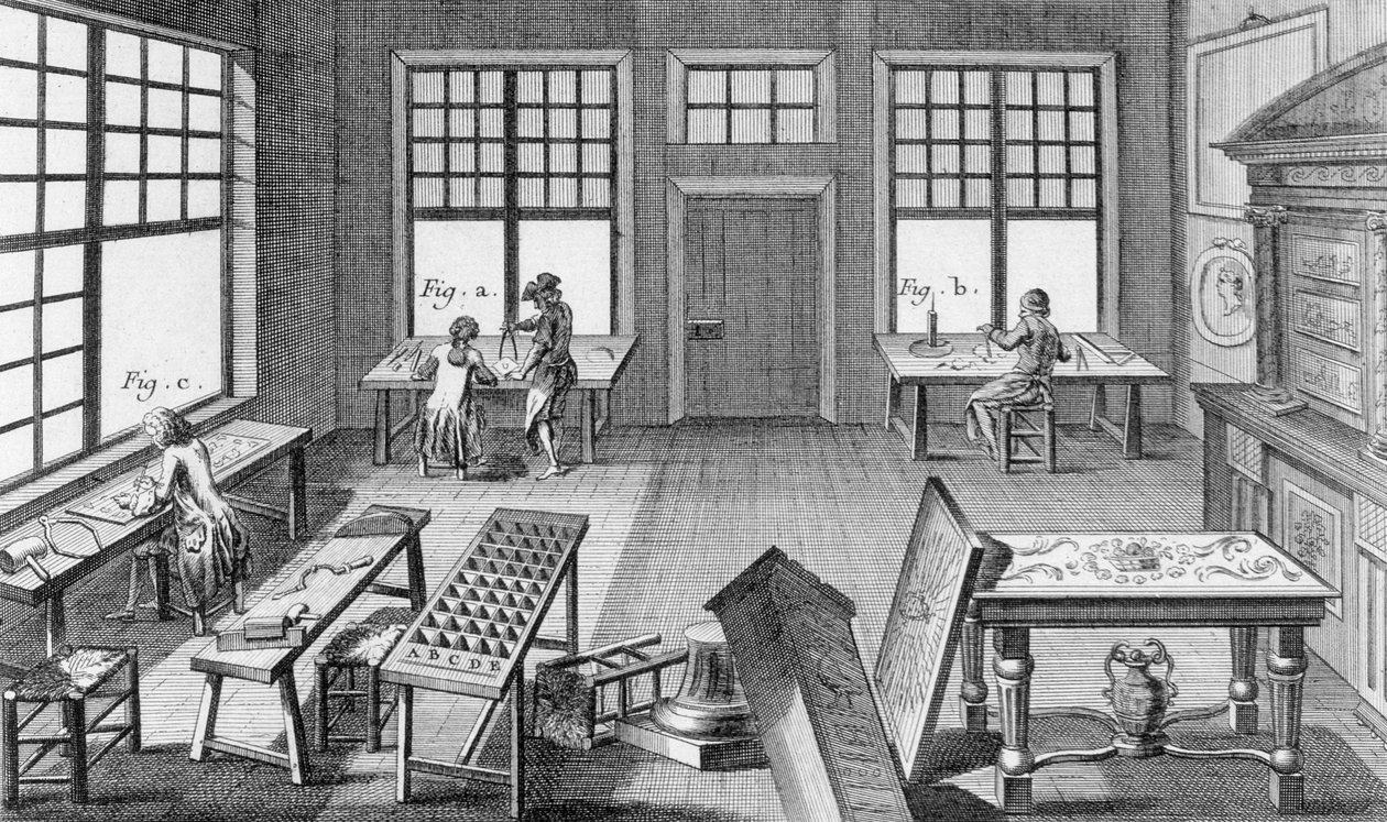 Bútorbetét-műhely Denis Diderot (1713-84) Encyclopedie des Sciences et Metiers-ből, 1770 körül. alkotó: French School