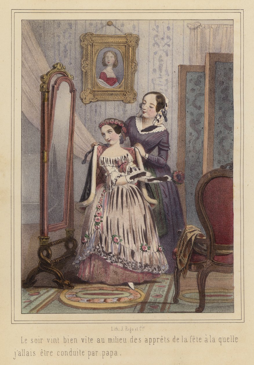 Egy lány készülődik egy partira (színes litográfia) alkotó: French School