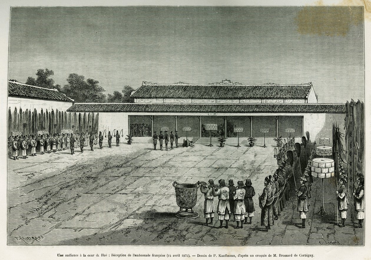 Meghallgatás a hue-i (vietnami) bíróságon, a francia nagykövetség fogadása, április 14. alkotó: French School