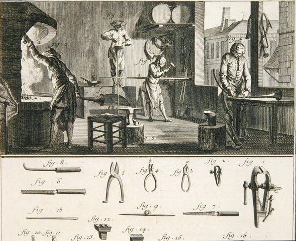 Kürtkészítő műhely és szerszámok, Denis Diderot (1713-84) "Encyclopedie des Sciences et Metiers" című művéből, 1770 körül megjelent (metszet) alkotó: French School