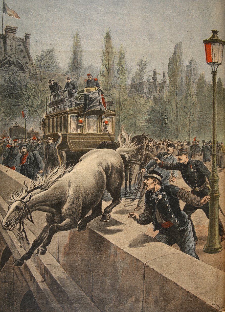 Öngyilkos ló, illusztráció a Le Petit Journalból: Supplement illustre, 1898 alkotó: French School