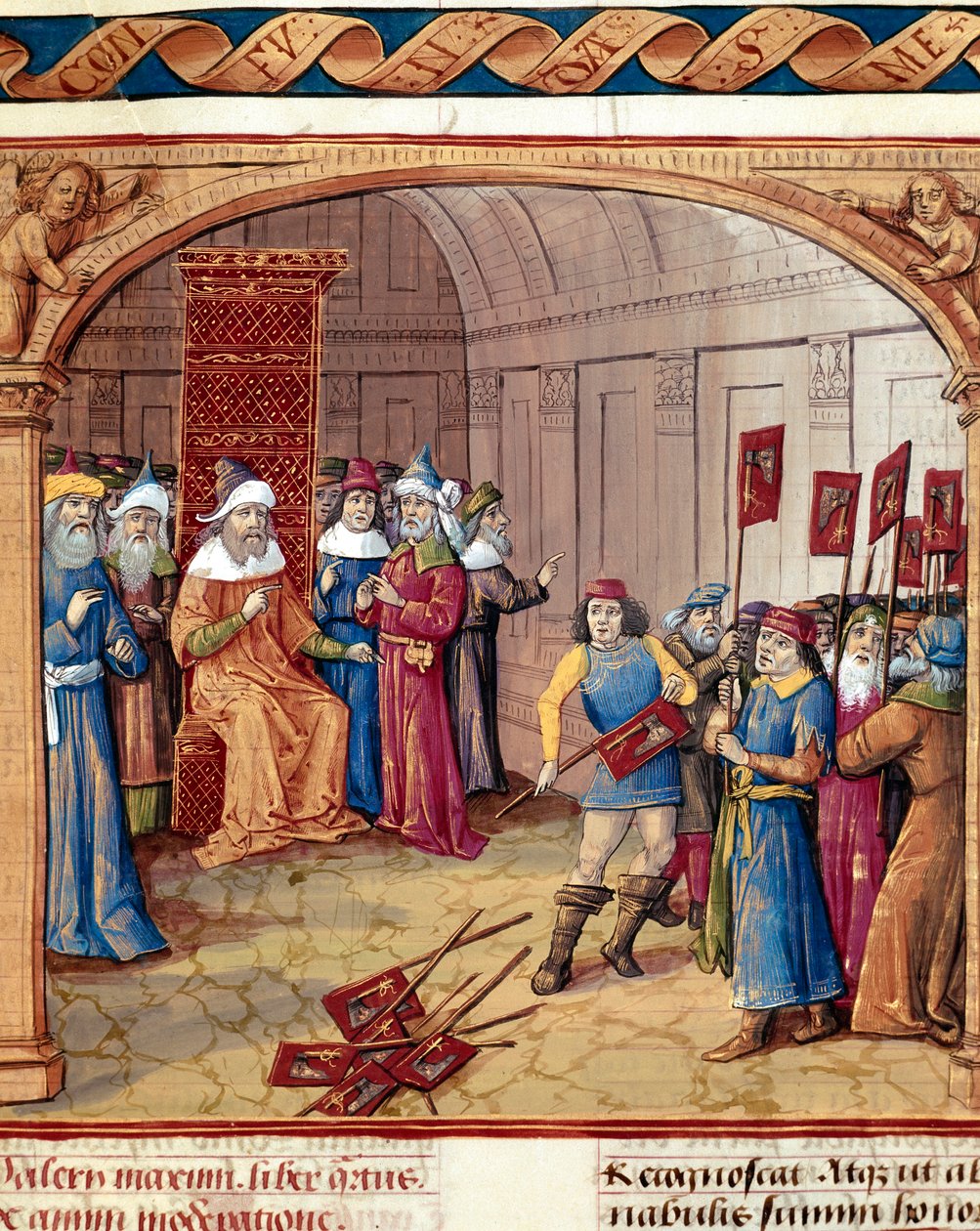 Egy király transzparenseket és miniatűr baltákat kap Valere Maxime (Valerius Maximus) "" Dicta et deeds memorabilia" című művéből (Kr. e. 1. század) 1410 Chantilly, Musée Conde alkotó: French School