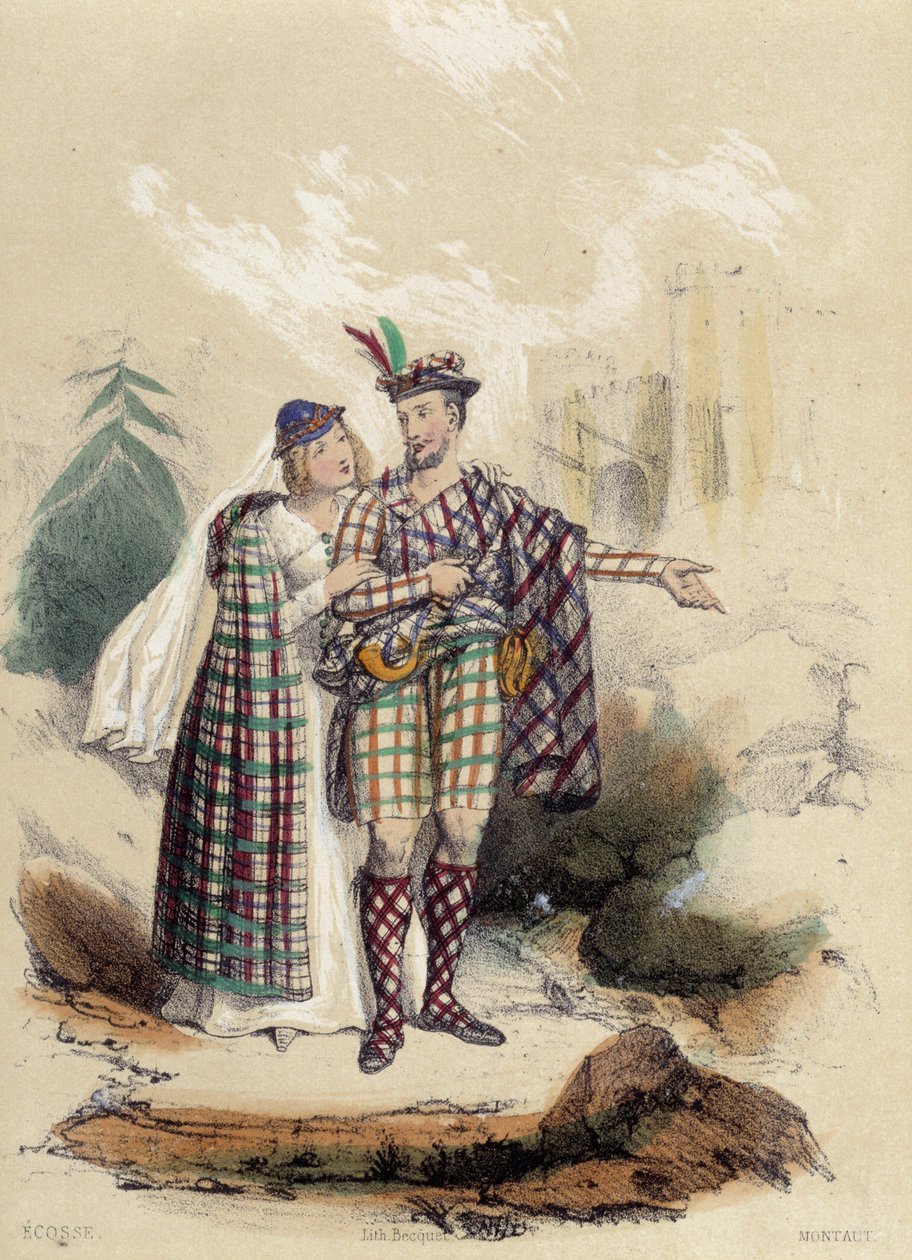 Egy férfi, aki egy kilt és társa egy kastély előtt; illusztráció Skóciához, M. E. Fouinet „A tizenkét nemzet” című művében alkotó: French School