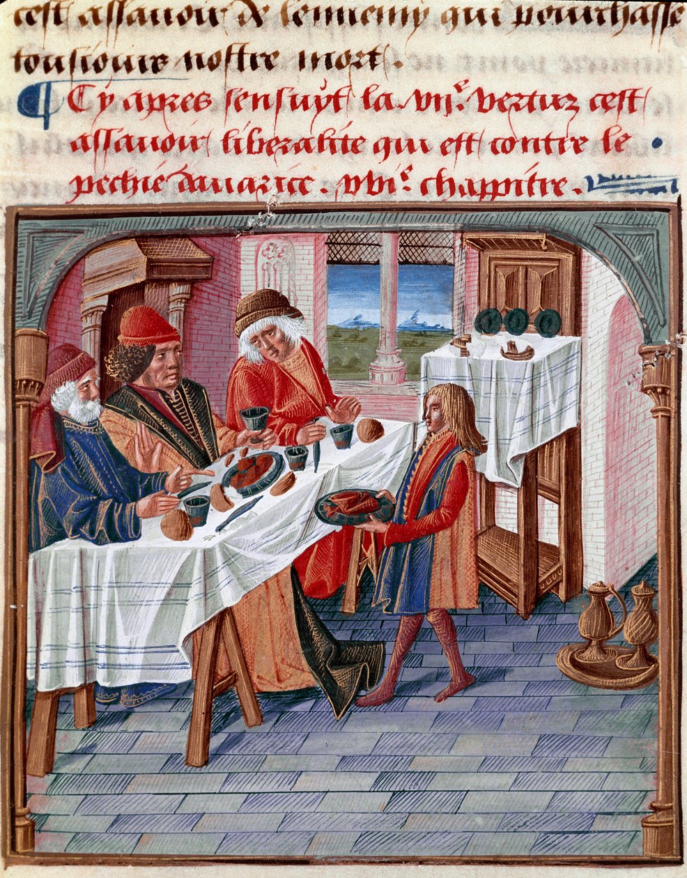 Egy férfi megosztja az asztalát egy szegény rászorulóval Miniatűr a „Le livre de bonnes moreurs de Jacques Legrand” 1490 Chantilly, Musee Conde-ból alkotó: French School