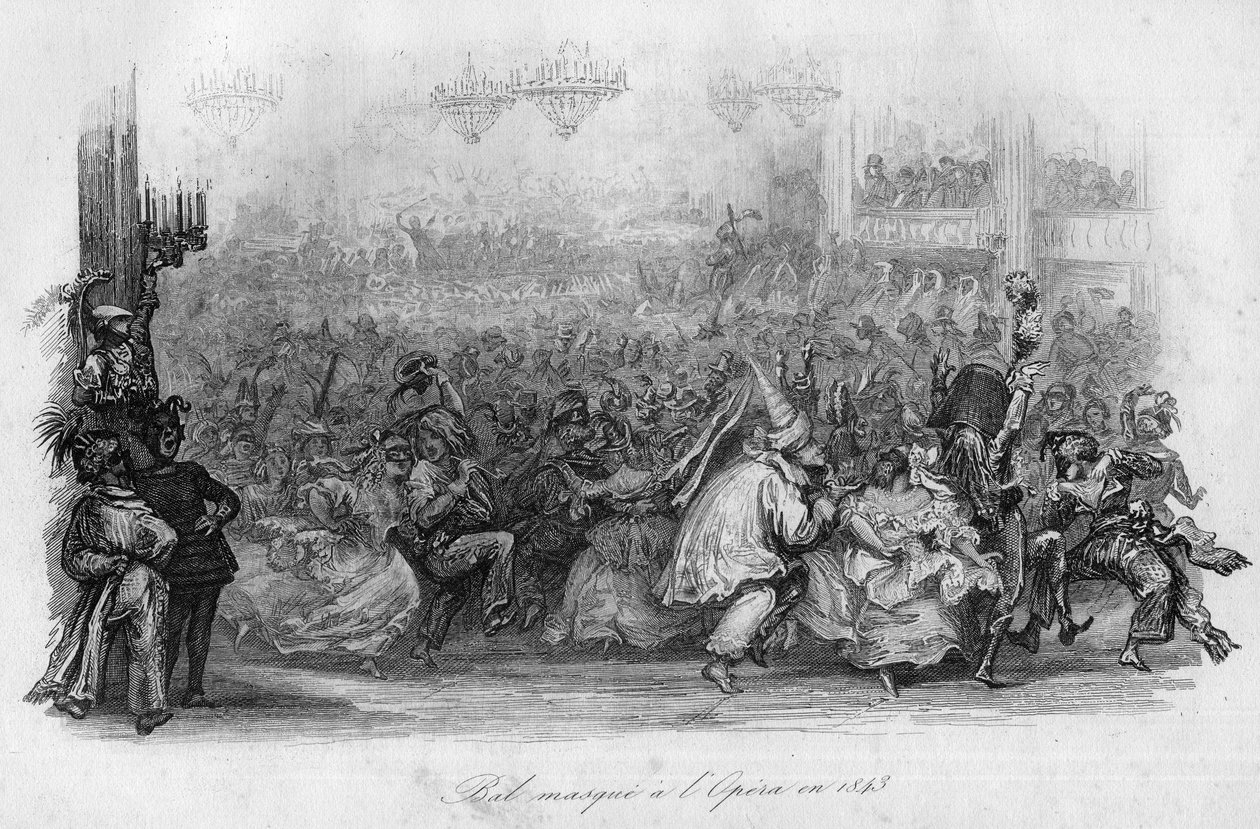 Álarcos bál a párizsi operában 1843-ban. (Marc-Antoine Madeleine Desaugiers "" Le carnival"" dala) in "" - CHANS et CHANS POPULES DE LA FRANCE - 1843 - H.- L. DELLOYE, kiadó, LIBRAIRIE DE GARNIER. alkotó: French School