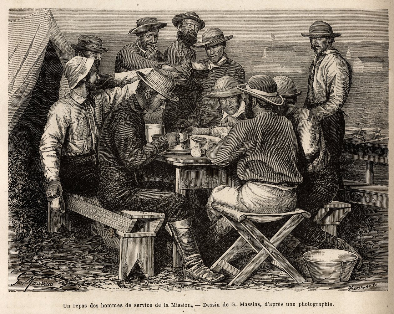 Az 1872-es misszió szolgálatosainak vacsorája a táborhelyen, az első helyszíni felderítés előtt, G. Massias rajza után vésve, amely egy sor földrajzi küldetést illusztrál az Egyesült Államok Nemzeti Parkján keresztül 1870-től 1872-ig , által alkotó: French School