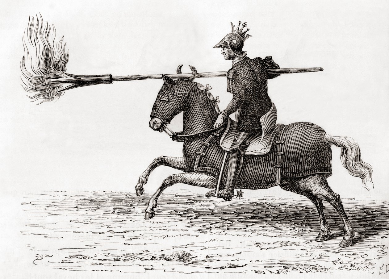 Egy középkori lovag, aki tűzlándzsát vagy tűzlándzsát, a világ egyik első puskaporos fegyverét hordozza a Les Merveilles de la Science-ből, 1870 körül (metszet) alkotó: French School
