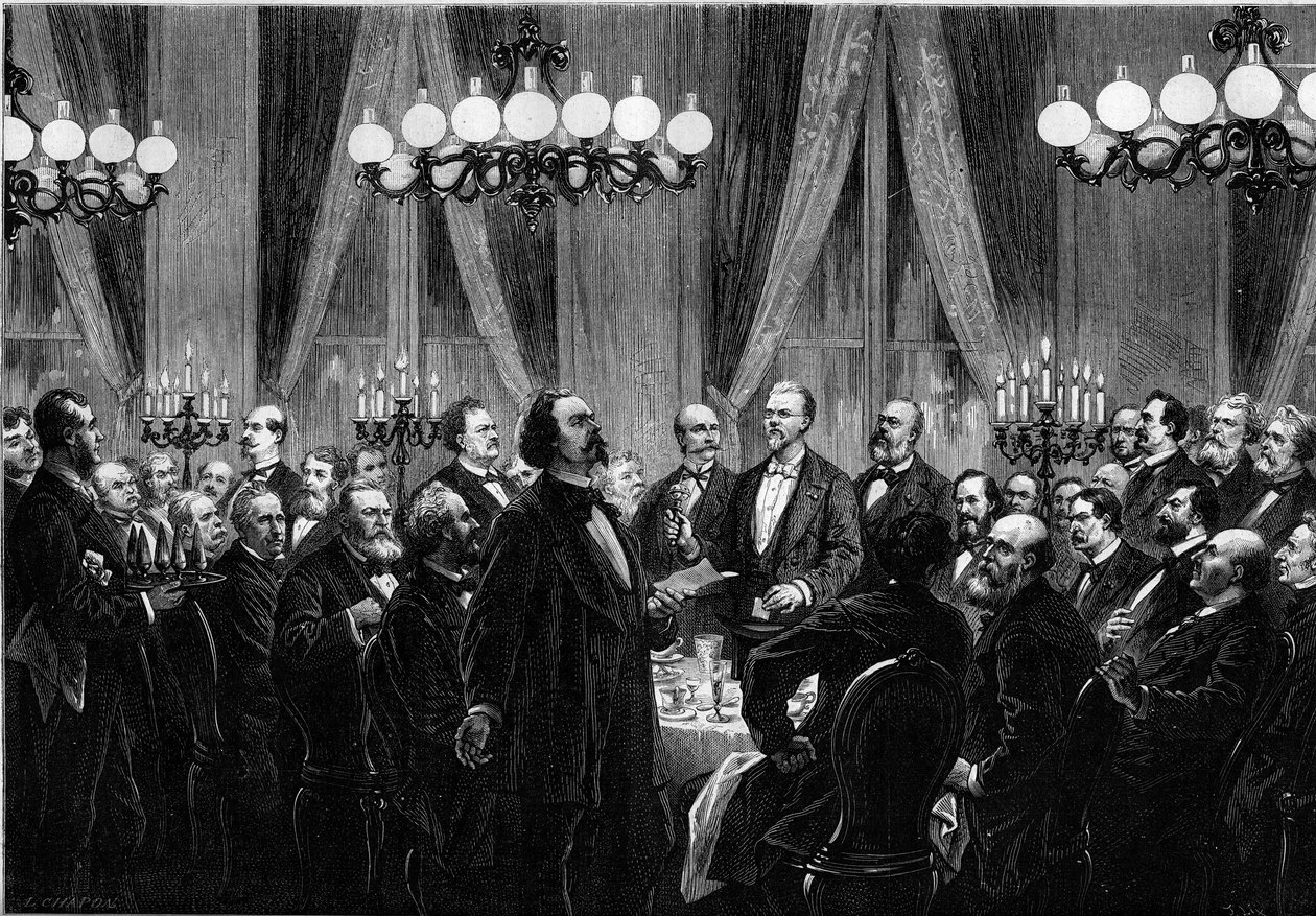 A „Societe du Caveau” találkozója 1879-ben, ahol a helyszínről érkező személyiségek összegyűlnek egy énekes vacsorára, ahol mindenki dalokat komponál. Duprez énekes, Clairville (Louis Francois Nicolaie alkotó: French School