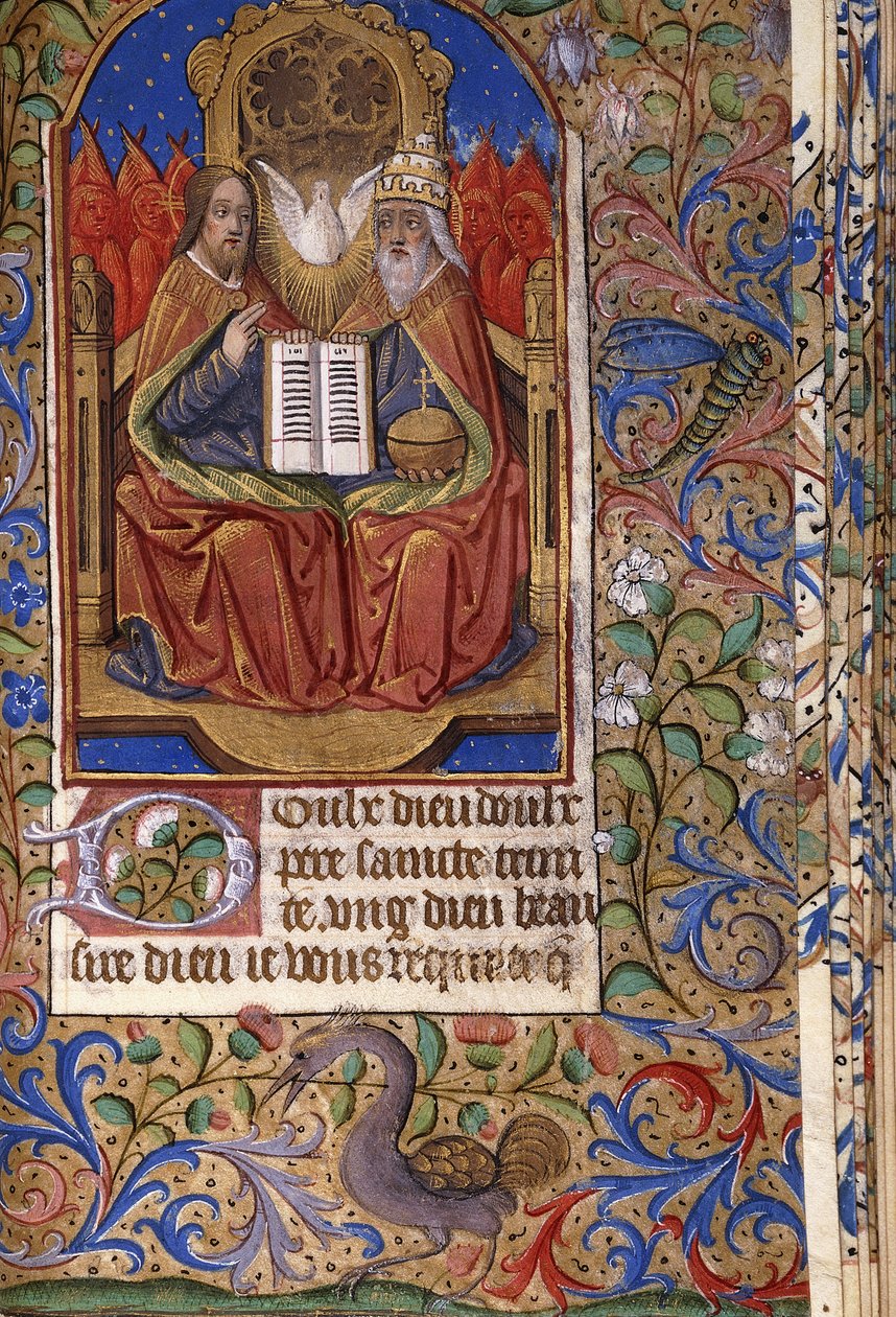 Miniatűr az Órák könyvéből, latin és francia nyelven, az angyalokkal trónoló Szentháromságot ábrázolja, 1485 körül alkotó: French School