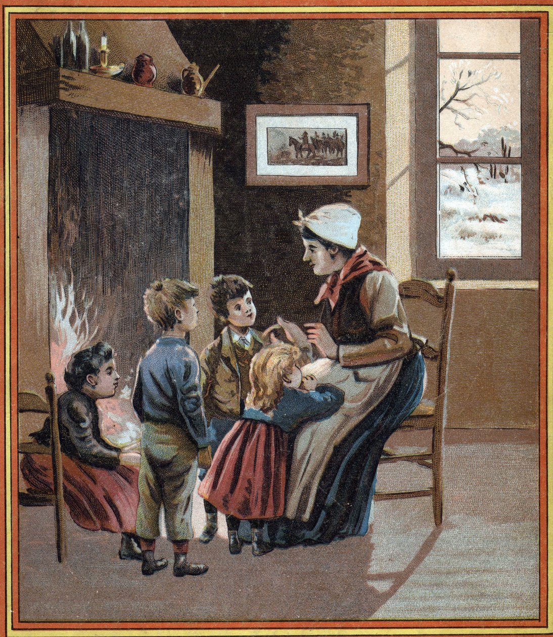 Egy anya történeteket mesél gyermekeinek a tűz mellett. A „Les tales du foyer pour les petits”” című könyv borítója. századi névtelen metszet. alkotó: French School