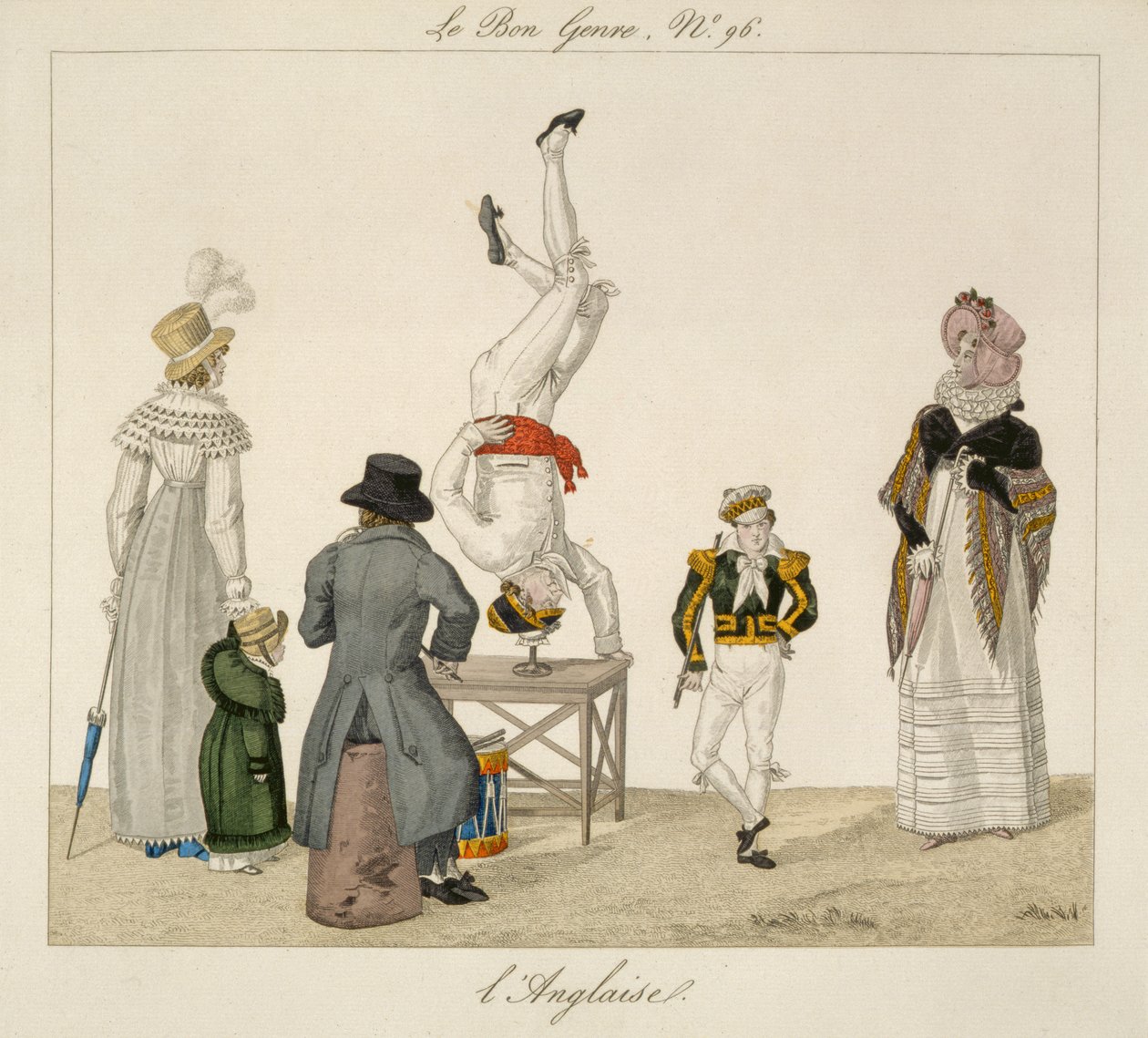 Egy előadó fején állva egyensúlyoz egy poháron, 96-os tányér a le Bon Genre-ből, 1810 körül (színes metszet) alkotó: French School