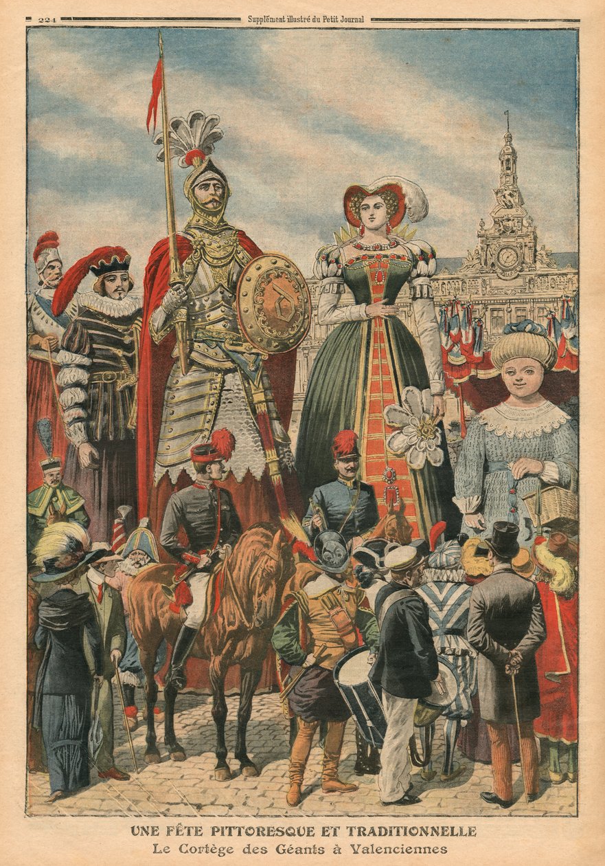 Festői és hagyományos lakoma, az óriások körmenete Valenciennes-ben, illusztráció a „Le Petit Journal”-ból, illustre-melléklet, 1910. július 10. (colout litho) alkotó: French School