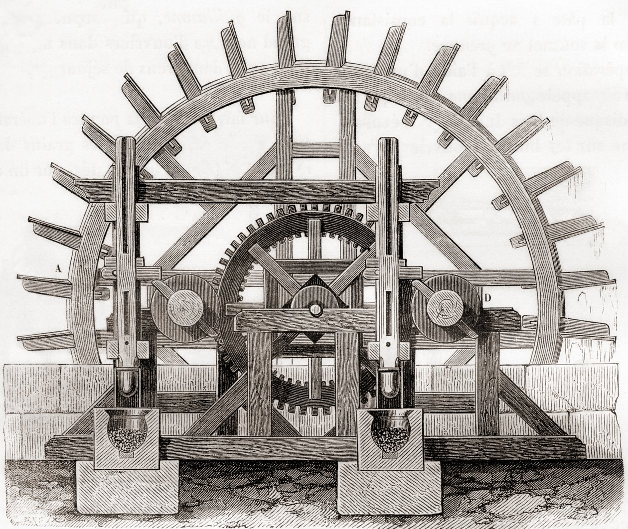 Pormalom és vízi kereke, egy 19. századi rajz alapján, a Les Merveilles de la Science-ből, 1870 körül (metszet) alkotó: French School