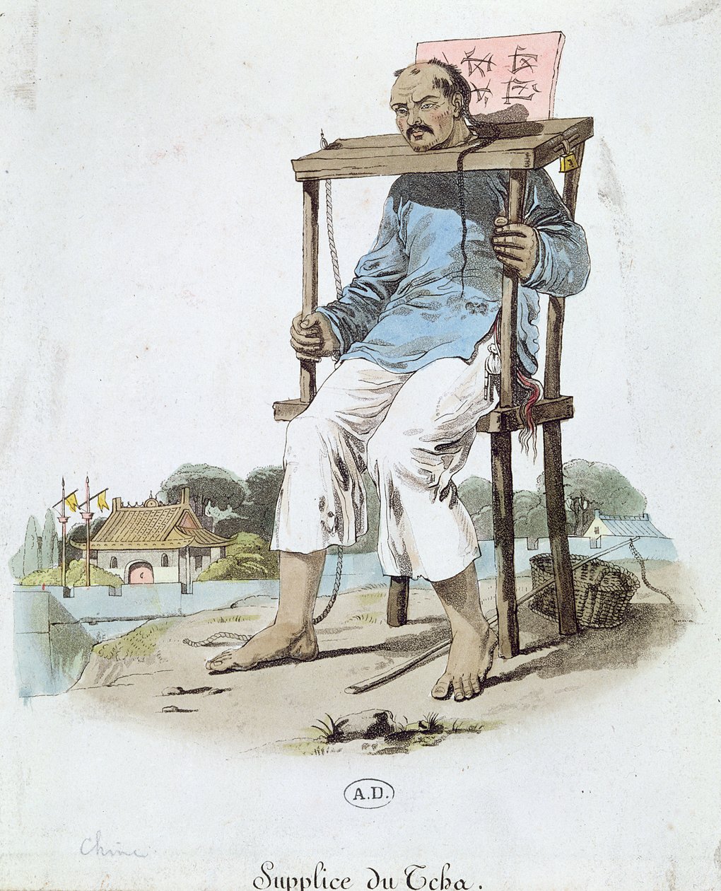 Egy rab a Cangue-ban Kínában, 1800 körül (színes metszet) alkotó: French School