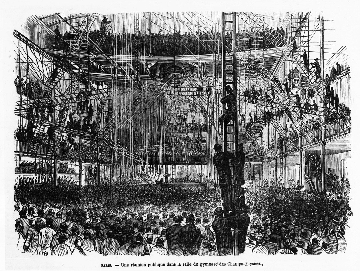 Nyilvános gyűlés a párizsi Champs-Elysées tornatermében - a „La Presse illustrée”-ben” n¡104, 1869.10.30., koll. Selva. alkotó: French School