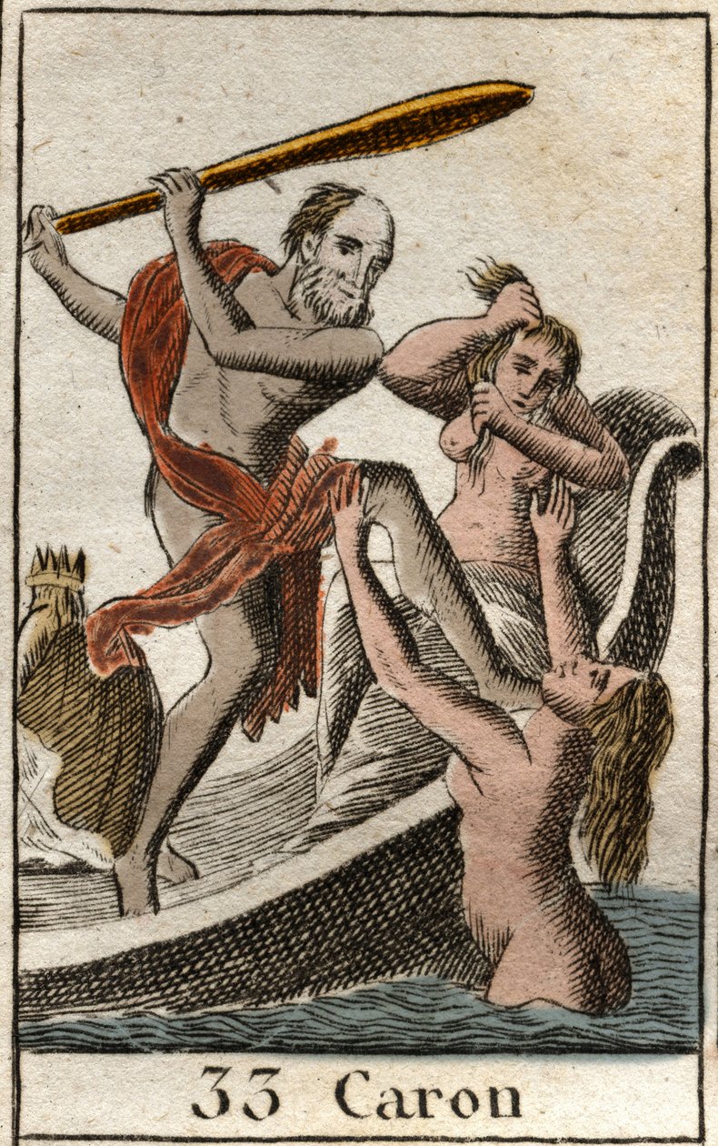 Charon (vagy Caron) ábrázolása, az alvilágban sétálva, lehetővé teszi az elhunyt számára, hogy átkeljen az Acheron (vagy Styx) folyón. (Charon (vagy Kharon) a pokol révésze, hajóján viszi a lelkeket, hogy átkeljenek az Acheron (vagy Styx) folyón. Tőlem alkotó: French School