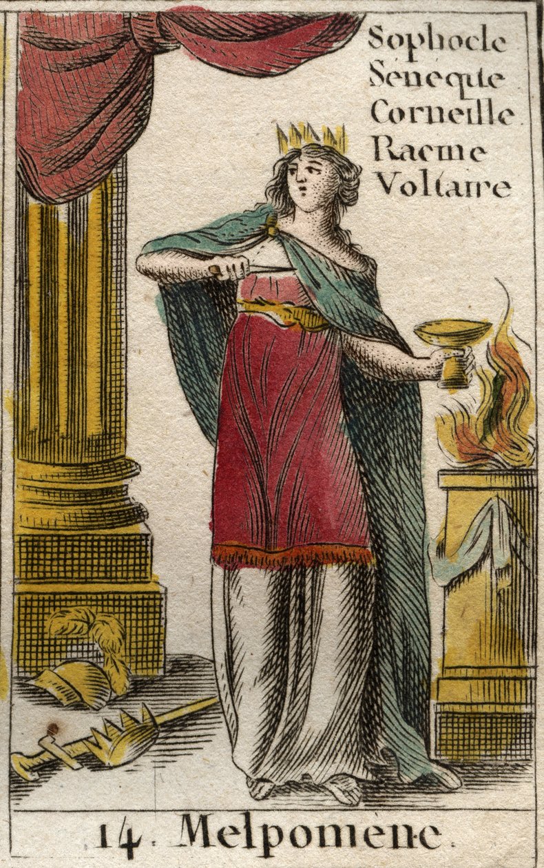 A melpomen ábrázolása, a Tragédia múzsája, koronát, jogart és tőrt, valamint méregpoharat visel (Melpomene ábrázolása, Tragédia múzsája, koronával, tragikus maszkkal, késsel és csészével A „Mythology of Youth” című könyvből alkotó: French School