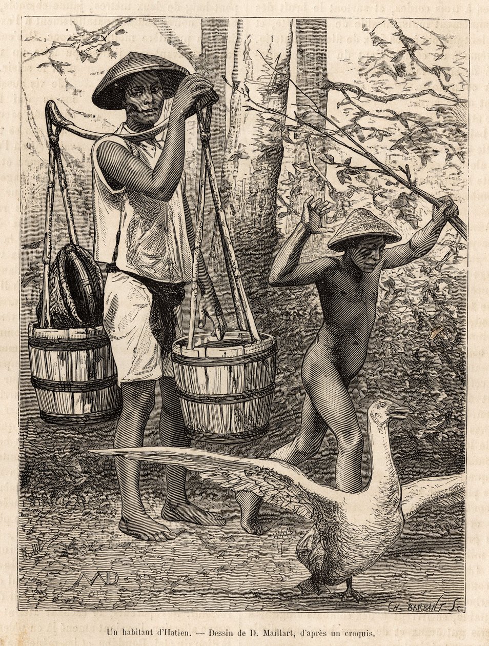Hatien (Vietnam) lakos vödröket és kosarat cipelve, valamint egy libára vadászó gyerek bottal, amely Robin Cochinchine-i utazását illusztráló rajza után metszett, Doktor Morice 1872-ben, és megjelent a „Le tour du monde”-ban. ” 1875, szerkesztette: E alkotó: French School
