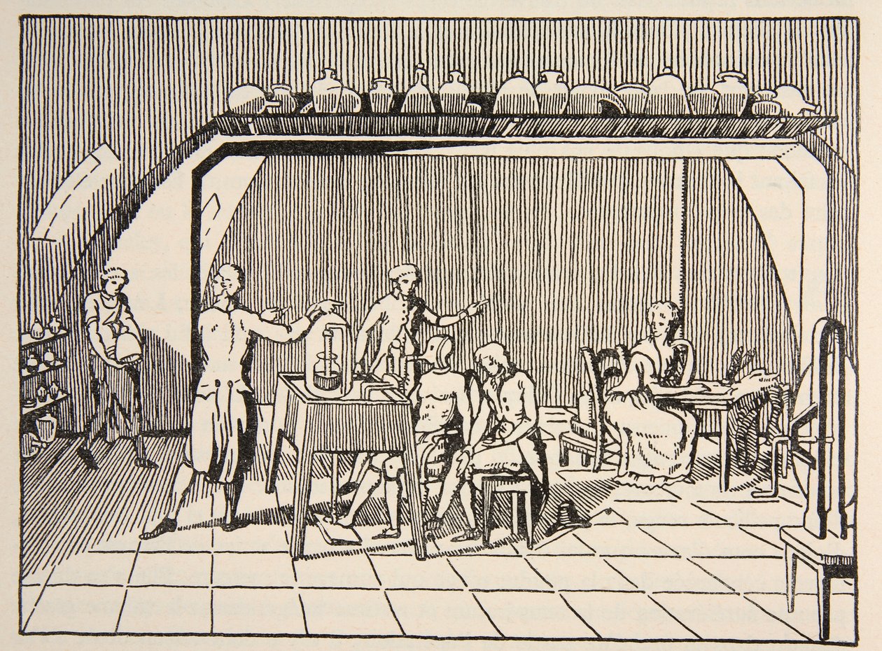 Légzési kísérlet Lavoisier laboratóriumában, Boris Mestchersky (†1957) illusztrációja a Histoire de la Nation Francaise, Sciences, I. és II. kötetből, Gabriel Hanotaux (1853-1944) alkotó: French School