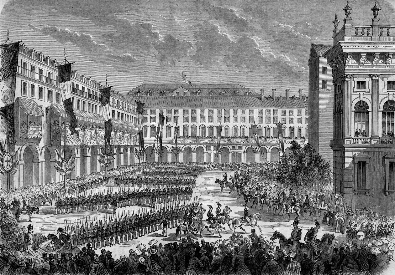 Victor Emmanuel (Victor-Emmanuel) olasz király (Vittorio Emanuele) által június 7-én Torinóban átadott csapatok áttekintése alkotó: French School