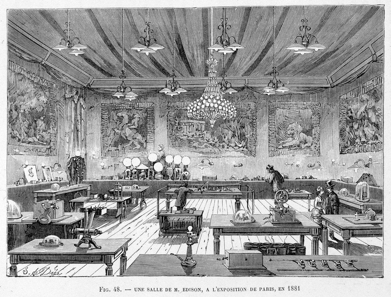 Edison úr szobája az 1881-es párizsi kiállításon – Louis Figuier „A tudomány új hódításai” című művében alkotó: French School